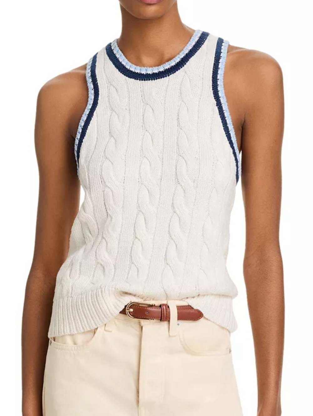 Veronica Beard Jerrel Knit Tank Top Cream Blue Sleeveless Linen Silk Size XS